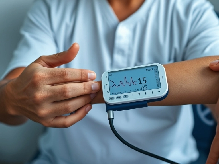 Person measuring blood pressure in a medical setting at the best hospital for hypotension in Ahmedabad